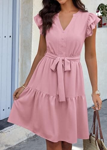 KIRUNDO Summer Dresses for Women 2026 Spring Flutter Sleeve V Neck Ruffle Flowy Tiered Knee Length Beach Vacation Sundress(Pink, Small) - Thumbnail 4