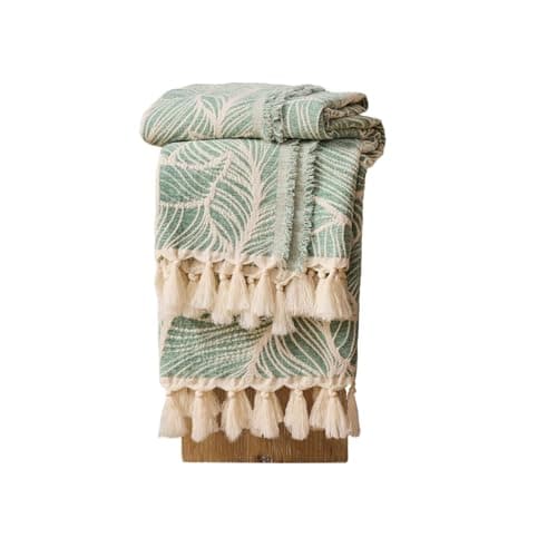 DOWN HOME Chenille Cotton Throw Blanket for Couch, Lightweight Boho Blanket for Bed Sofa Chair Living Room Outdoor Soft Woven Decorative Blanket with Tassel Gift Green Leaves 55"x60"