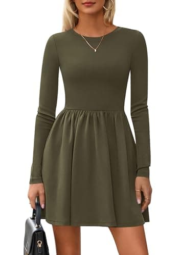 PRETTYGARDEN Women's Long Sleeve Mini Dresses 2026 Spring Casual Pleated A Line Party Cocktail Short Babydoll Dress with Pocket (Army Green,S) - Image 1