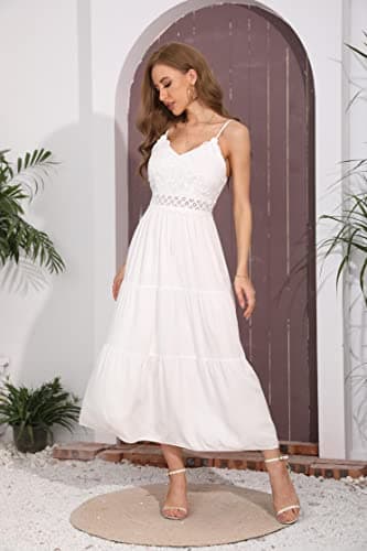 Dokuritu Women's Beach Crochet Lace Maxi Dress Boho Casual Cocktail Graduation Wedding Guest Spaghetti Strap Long White Summer Dresses 2025 (White,S) - Thumbnail 6