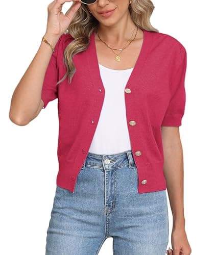 COSSEN Women's Cardigan Sweaters Rose Red X-Large V Neck Bolero Crop Coat Crochet Button Down Short Sleeve Short Tops Trendy Open Front Lightweight Jacket Summer Knit Cropped Shrug for Dress - Image 1