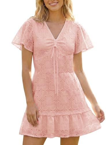 CiCiBird Women's Summer Lace Eyelet Mini Dress V Neck Drawstring Ruched Ruffle Hem Boho Beach Vacation Dresses Pink XL - Image 1