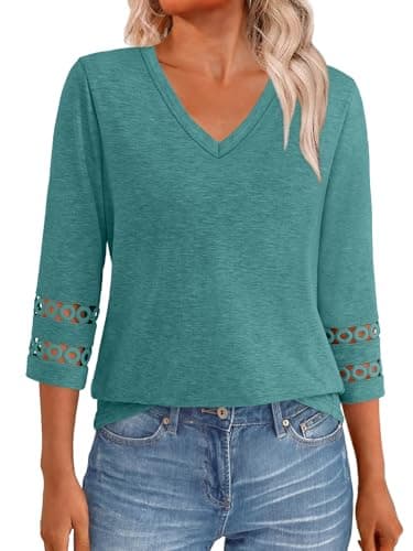 GKBK 3/4 Length Sleeve Womens Tops Dressy Casual Blouses for Women 2026 Trendy Lace Tunic Business V Neck Outfits Loose Fit Tshirts Shirts Fall Summer Clothes Cyan M - Image 1