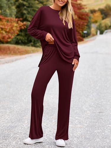 PRETTYGARDEN Womens Casual Spring Lounge Sets Long Sleeve Tops Wide Leg Long Pants Crewneck Two Piece Outfits Matching Set(Wine Red,Small) - Thumbnail 4