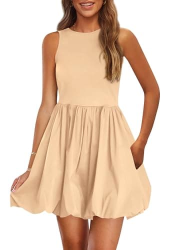 PRETTYGARDEN Summer Dresses for Women 2026 Casual Sleeveless Tank Mini Short Dress Crew Neck Bubble Sundress with Pockets (Khaki,Large) - Image 1