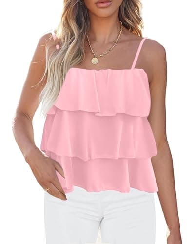 KIRUNDO Spaghetti Strap Ruffle Babydoll Peplum Tank Tops for Women 2026 Summer Cute Flowy Beach Vacation Cruise Outfits(Pink, Medium) - Image 1