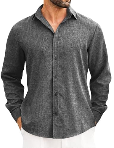LETSEE Men's Linen Blend Button Down Shirt – Lightweight Long Sleeve Casual Shirt for Beach, Vacation & Wedding A-Dark Grey - Image 1