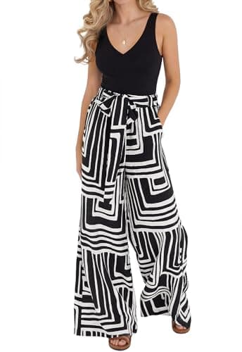 BTFBM Two Piece Sets For Women Summer 2026 Spring Outfits Casual Sleeveless Wide Leg Pants Sets Beach Vacation Clothes(Floral Black, Small) - Image 1