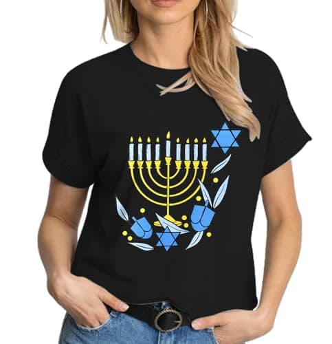 Hanukkah Shirt Women Happy Hanukkah T-Shirt Menorah Candles Short Sleeve Jewish Chanukah Tee Tops A-Black - Thumbnail 2