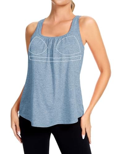 SLIMBELLE Mesh Racer Back Tank Tops Womens Gym Yoga Athletic Workout Tops Round Neck Sleeveless Loose Fit Cami with Built in Bra Light Blue S - Image 1