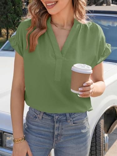 Tankaneo Womens Ruffle Short Sleeve Blouses Summer Casual V Neck Tops Loose Curved Hem Cotton Shirts Army Green - Thumbnail 3