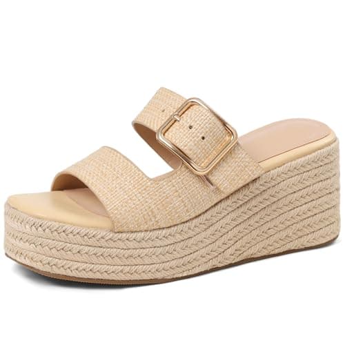 Tarkwa Platform Wedges Sandals for Women Summer Slip on Espadrille Flatform Slides Open Toe Adjustable Buckle Bohemia Beach Raffia Beach Sandals Beige Size 7 - Image 1