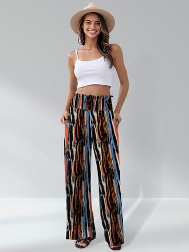 GEMLON Womens Wide Leg Pants High Waisted Palazzo Pants Summer Lounge Trousers Boho Pants with Pockets Black Print M - Thumbnail 4