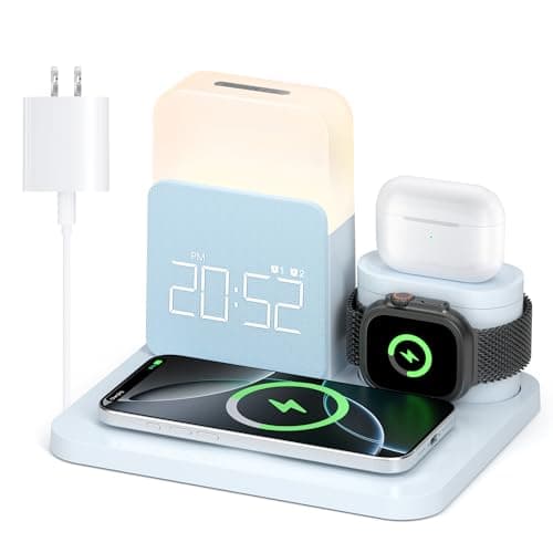 Alarm Clock Charging Station for Bedrooms, 7 in 1 Wireless Charging Station, Magnetic Charger with Night Light Bedside Clock for iPhone 17 16 15 14 13 12 Pro Max, Apple Watch, AirPods (Blue) - Image 1
