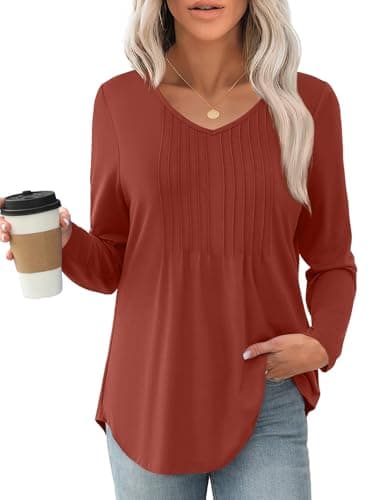 JUSTFASHIONNOW Long Sleeve Tops for Women Fall Shirts V Neck Trendy Ladies Casual Tunic Pleated Blouse Dressy Business Outfits Caramel Tops for Leggings (Caramel, Small) - Thumbnail 4