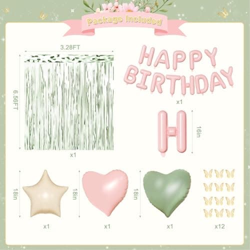 Pink and Green Birthday Decorations for Women Girls, Sage Green Pink Sand White Gold Foil Confetti Balloons Happy birthday Banner Gold Butterfly Fringe Curtains Birthday Decorations - Thumbnail 3