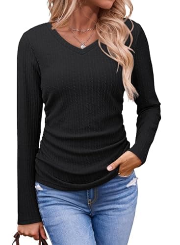 Dokotoo Early Spring Fashion 2026 Teacher Outfits Women's Long Sleeve Solid V Neck Shirts for Women Business Casual Side Ruched Basic Tee Shirts Slim Fitted Womens Clothes Clothing Black X-Large - Image 1