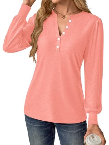 GKBK Women's Puff Long Sleeve Tunic V Neck Button Blouses Fall Tops Trendy Dressy Casual Business Henley Shirts Coral XL - Thumbnail 4