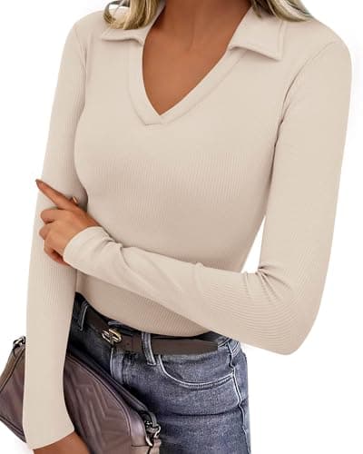 KIRUNDO Polo Shirts for Women Long Sleeve Business Casual Tops 2026 Spring Fall Ribbed Knit Collared V Neck Slim Work Blouses(Apricot, X-Small) - Thumbnail 4