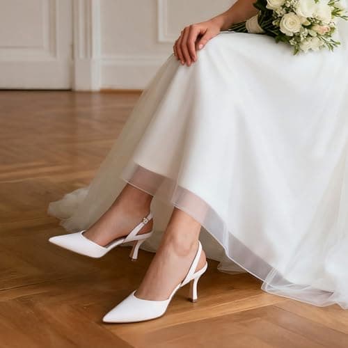 Athlefit Closed Pointed Toe Low Heels for Women Dress Work Wedding Party Slingback Stiletto Pumps Shoes White, Size 8.5, SAPU2606W - Thumbnail 3