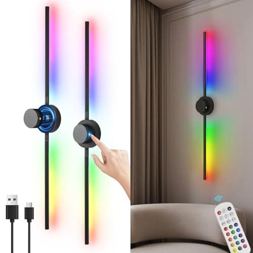 AHAWILL Battery Operated Wall Sconces Set of Two with Remote,Stepless 3CCT Dimmable,Rechargeable 15 Colors Wireless Wall Lamp,360°Rotate Wall Lights for Bedroom,43.3inch (A Pair of Batteries) - Image 1