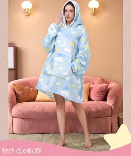 POP CLOSETS Wearable Blanket Hoodie Oversized Sherpa Fleece Sweatshirt Blanket Winter Blanket Hoodie for Adult Cloud&Elephant - Thumbnail 3