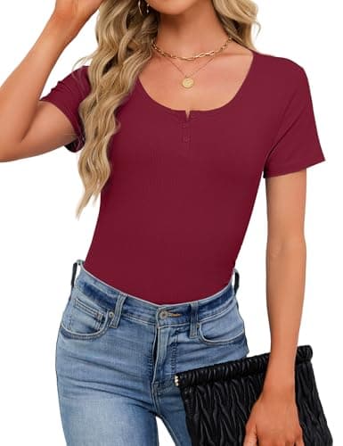 Short Sleeve Tops for Women Henley T Shirts Stretchy Ribbed Summer Tops Ribbed Knit Fitted Basic Slim Fitted Casual Top T-Shirt 2026 Red M - Thumbnail 3