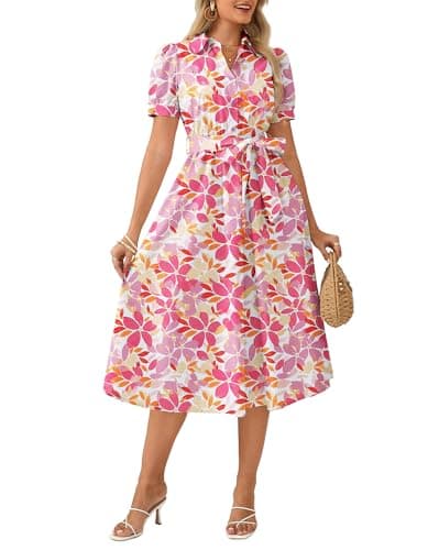 GRACE KARIN 2026 Cotton Summer Boho Midi Dresses for Women Puff Short Sleeve Shirt Dresses Flowy Floral A-line Wedding Guest Dress with Pocket Belt Pink Purple S - Image 1
