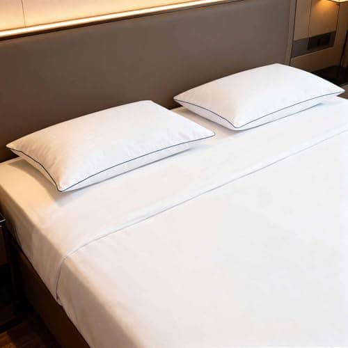 iFaon Ultra Thin Flat Soft Bed Pillows Standard Size Set of 2 Pack for Sleeping, Hypoallergenic Squishy Pillow for Stomach Back Sleeper, Machine Washable White Striped 20x26 inches - Thumbnail 5