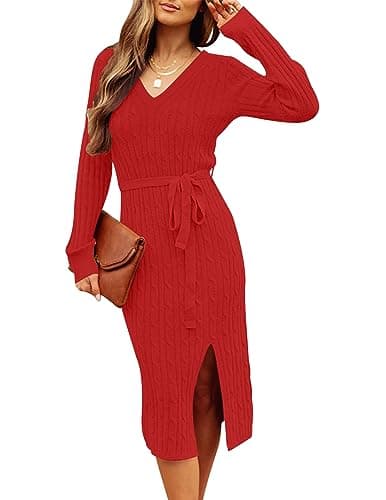 MEROKEETY Women's 2025 Fall Long Sleeve Bodycon Sweater Dress Winter V Neck Cable Knit Slit Midi Dresses, Red, S - Image 1