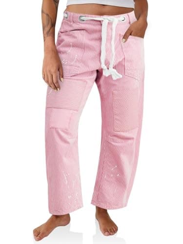 PLNOTME Womens Baggy Barrel Horseshoe Jeans Wide Leg Patchwork Low Rise Striped Pants with Pockets Pink - Image 1