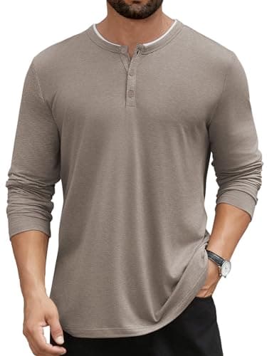 Hardaddy Men's Long Sleeve Henley Shirts Casual Color Block Henley Button T-Shirt Tops Light Khaki XXL - Image 1