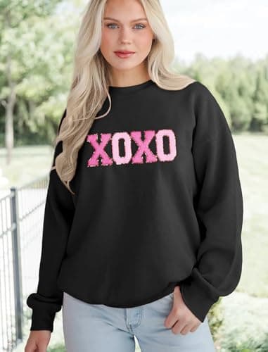 MAPICK Valentine's Day Oversized Sweatshirt for Womens Letter Printed Sweaters Tops Embroidered Chenille Shirt(Black,Medium) - Thumbnail 2