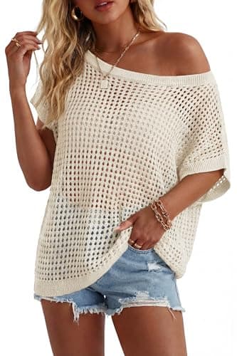 Arach&Cloz Women's Cotton Crochet Tops Short Sleeve Sweater Bathing Suit Swimsuit Cover Up Off Shoudler Oversized Knit Breathable Beach Vacation Resort Wear Casual Summer Cruise Outfits 2026 Beige XL - Image 1