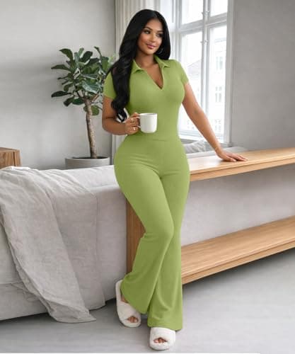 ABKY Two Piece Sets For Women Summer Ribbed Short Sleeve V Neck Polo Top Wide Leg Pants Set Casual Tracksuit Brunch Outfits Green 2XL - Thumbnail 2