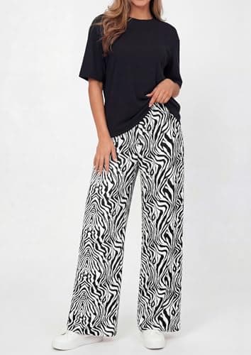PRETTYGARDEN Women's 2 Piece Lounge Sets Summer Casual Short Sleeve Tops Leopard Flowy Pants Pajamas Vacation Travel Outfits (White Zebra Print,XXL) - Thumbnail 4