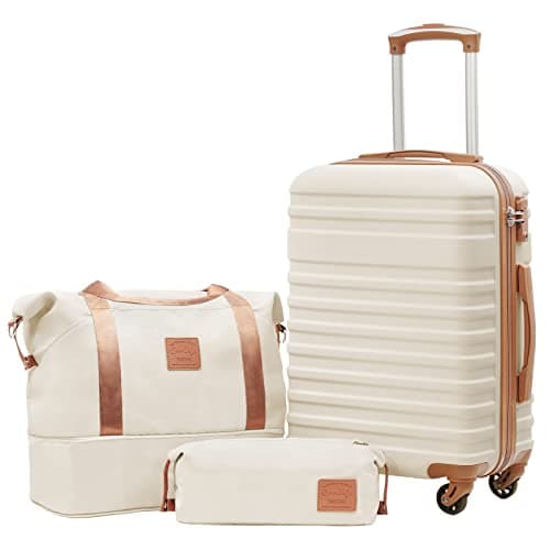 Coolife 3 Piece Luggage Set Carry On Suitcase with Hardside Durable TSA Lock Spinner Wheels (Apricot White, DB/TB/20) - Image 1