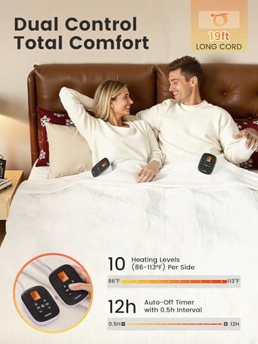 WOOMER Heated Blanket King Size 100" x 90", Electric Blanket with Dual Controllers, 0.5-12 Hours Timer & 10 Heating Levels, ETL Certified, White Double-Sided Velvet, Machine Washable - Thumbnail 3