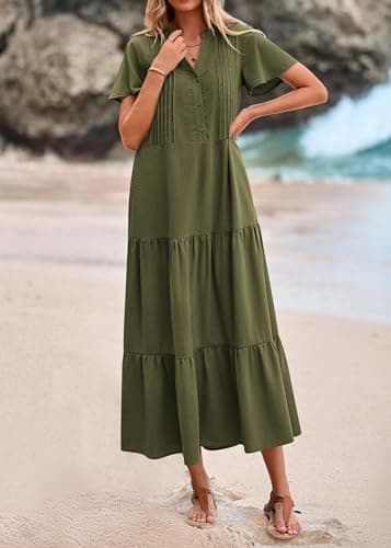 KIRUNDO Summer Maxi Dresses for Women 2026 Spring Fashion Short Sleeve Button V Neck Pleated Loose Tiered Swing Flowy Dress(Army Green, Large) - Thumbnail 4