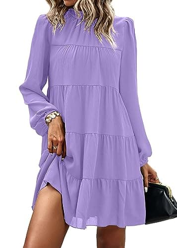 KIRUNDO Long Sleeve Baby Doll Dresses Women 2026 Casual Spring Summer Ruffle Mock Neck Tiered Mini Flowy Swing Shift Dress(Purple, Large) - Image 1