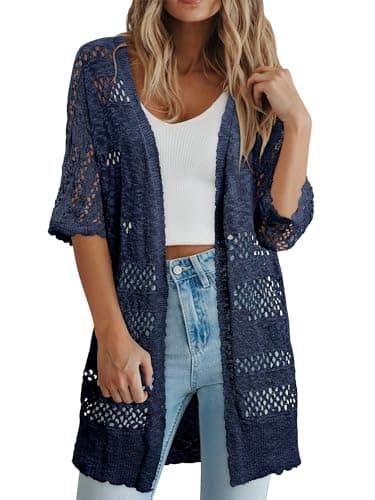KISSMODA Summer Crochet Short Sleeve Cardigan for Women Navy Open Front Casual Lightweight Kimono Cover Ups for Grocery Runs XL - Thumbnail 3