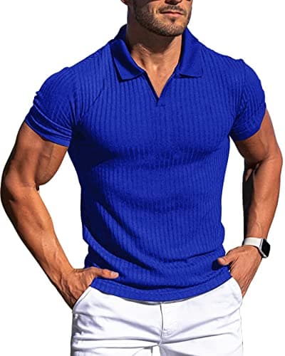 Collared Muscle Shirts for Men Ribbed Knit Slim Fit Polo Shirts Short Sleeve, Mens V Neck T Shirts Casual Stylish Blue - Image 1