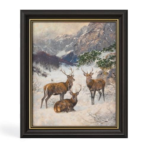 DAJONART Gold Framed Canvas Winter Deer Wall Art,Snowy Mountain Landscape with Stags Deer Prints Oil Painting, Vintage Christmas Canvas Wall Decor,Rustic Holiday Decor & Gift for Nature Lovers,8x10 - Image 1
