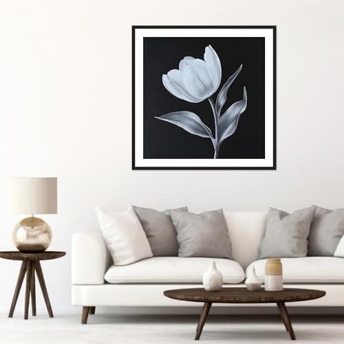 Moonow7 Tulip Flower Wall Art Prints, Black White Poster for Living Room, Bedroom, Kitchen or Bathroom Decoration, Minimalist Floral Artwork, Unframed Size 30x30 cm / 12x12” - Thumbnail 3
