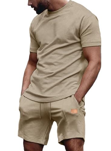 JMIERR Men's 2 Piece Pajamas Sets Summer Short Sleeve T-Shirts and Shorts Matching Lounge Set Sleepwear Loungewear Sweatsuit, M, Khaki - Image 1