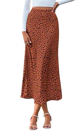 BTFBM Satin Skirts for Women Trendy Spring Summer 2026 High Waisted Leopard Print Cocktail Wedding Long Silk Midi Skirt(Dot Brick Red Black, Small) - Image 1