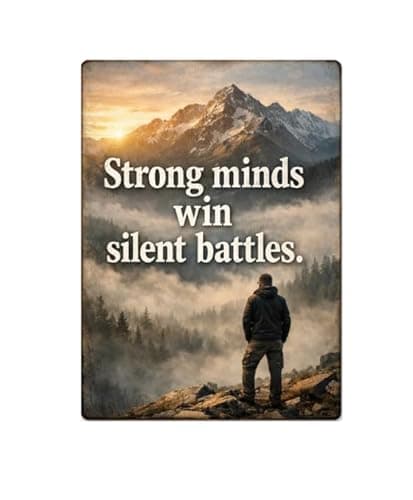 Strong Minds Win Silent Battles Tin Sign Inspirational Quote Metal Wall Decor Vintage Mountain Fog Artwork Motivational Rustic Plaque for Home Office Gym Man Cave Cabin Wall Art 8x12 Inch - Image 1