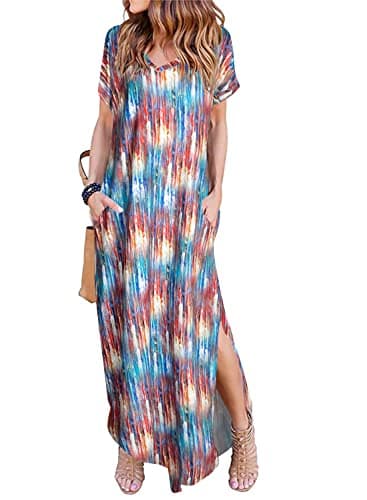 Arolina Women Summer Maxi Dress Short Sleeve V Neck Casual Loose Long Split Dresses Beach Vacation Sundress with Pockets - Image 1