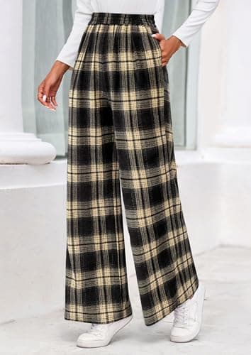 PRETTYGARDEN Casual Women's Pants 2026 Elastic Waist Palazzo Long Pajama Wide Leg Trousers Knit Fall Outfits with Pockets (Plaid Beige Black,Large) - Thumbnail 2