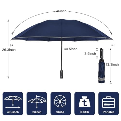 Lejorain Compact Inverted Reflective Umbrella - Automatic Folding Reverse LED Umbrella Travel Windproof Umbrellas for Rain - Thumbnail 2
